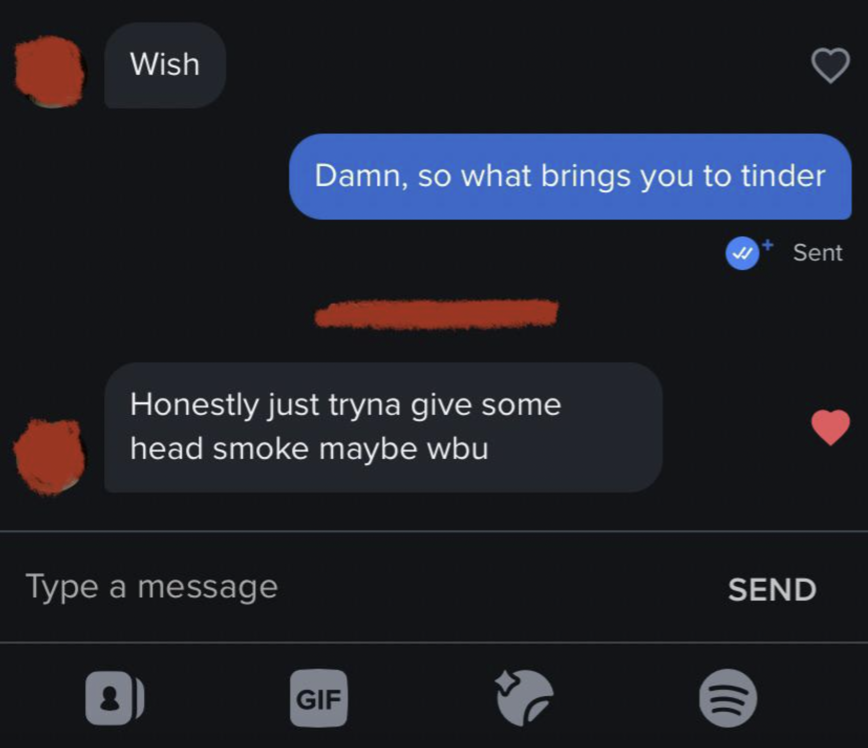 screenshot - Wish Damn, so what brings you to tinder Honestly just tryna give some head smoke maybe wbu Type a message Gif ! Send Sent